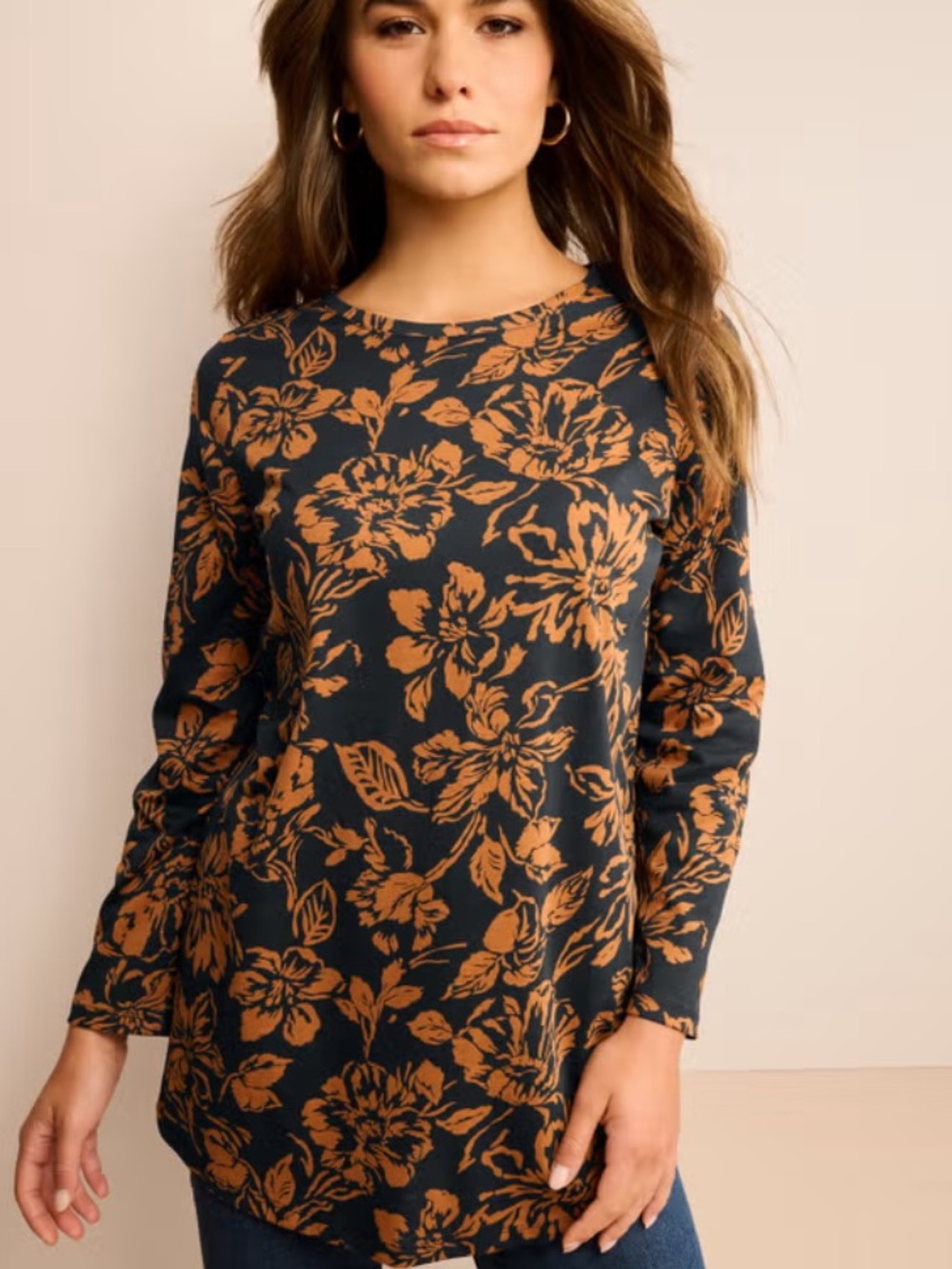 Roaman's Black and Cognac Floral Long Sleeve Tee 1X 22 24